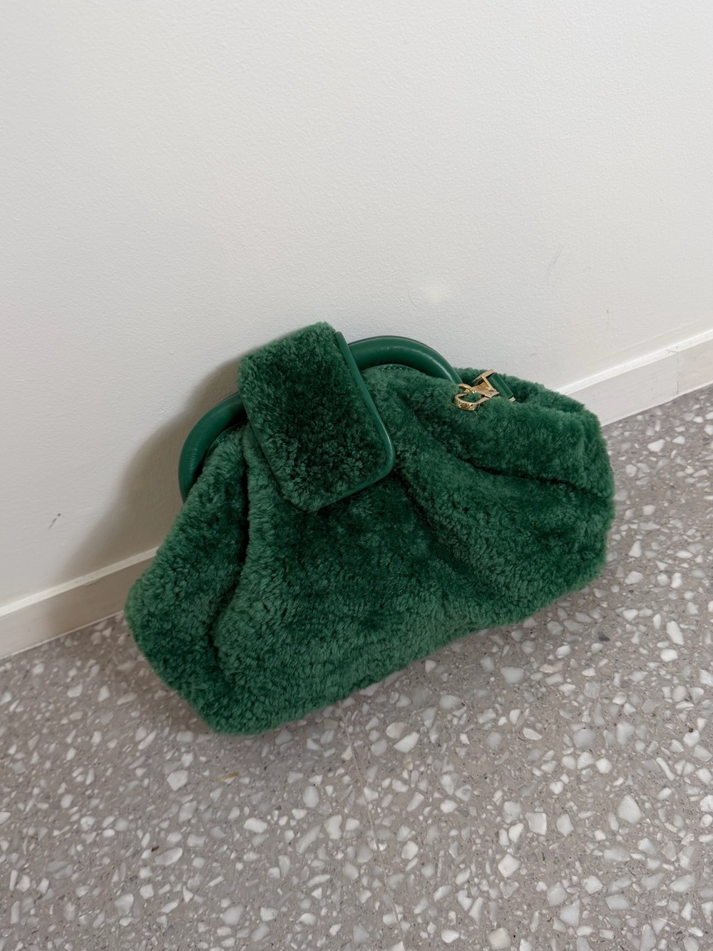 Plush Green Faux-Shearling Top-Handle Bag